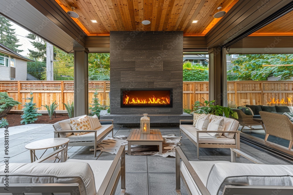 Modern covered porch with outdoor fireplace, white chairs, and wooden fence in the Pacific Northwest, featuring lush green trees. Modern covered porch with outdoor fireplace, white chairs, and wooden fence in the Pacific Northwest, featuring lush green trees.