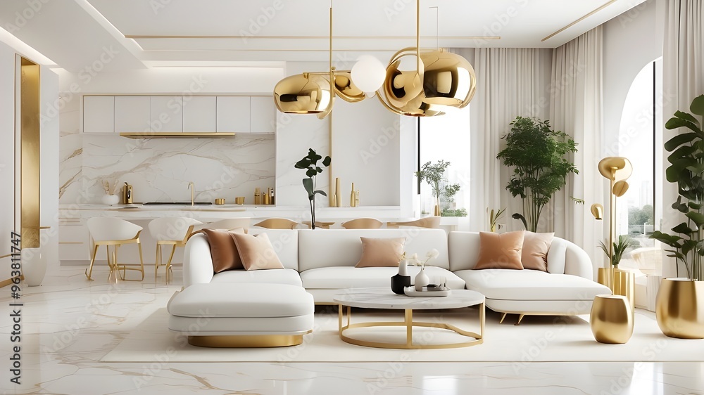 A modern living room featuring a white and gold theme, with white walls ...
