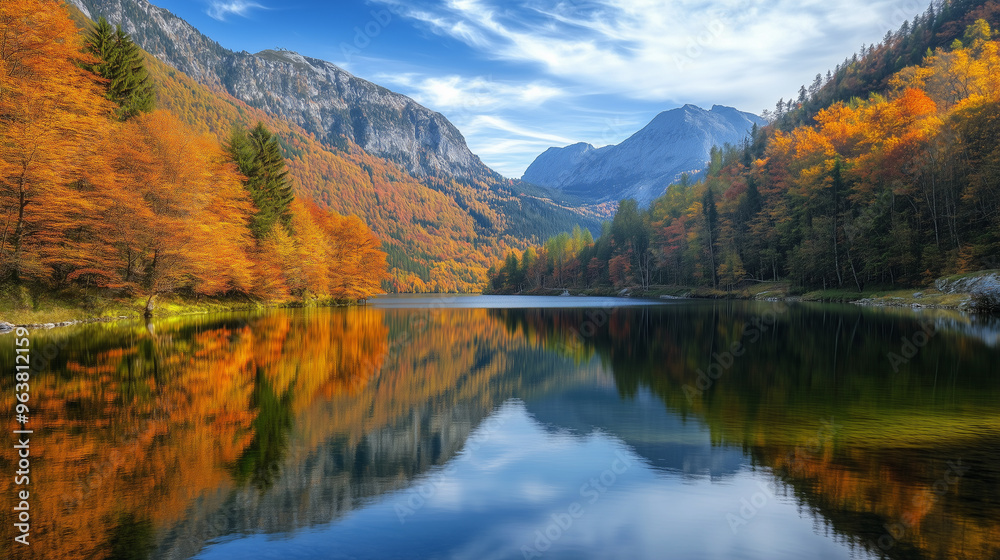 Fototapeta premium 秋の紅葉した樹木と山が美しい湖に写っている風景をリアルに描いたAI生成画像