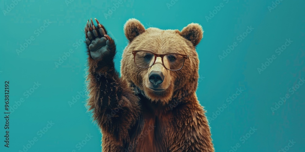 A bespectacled bear seated and lifting its paw to inquire. A bespectacled bear seated and lifting its paw to inquire.
