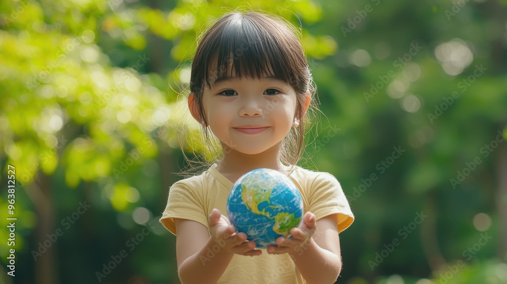 Smiling Girl Holding Colorful Globe in Lush Nature Setting Smiling Girl Holding Colorful Globe in Lush Nature Setting