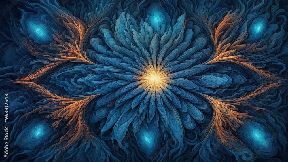 A vibrant, abstract floral design with swirling patterns in blue and orange hues. A vibrant, abstract floral design with swirling patterns in blue and orange hues.