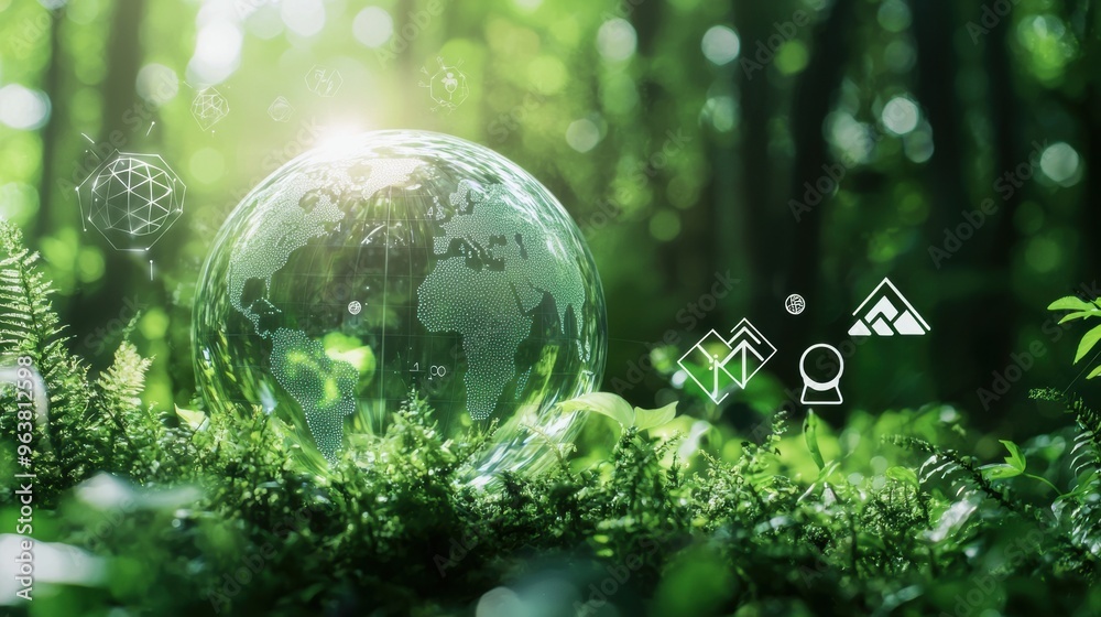 Sustainable Global Environment with Lush Green Foliage and Moss Covered Sphere