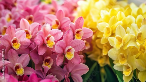 A vibrant display of Cymbidium orchids, with their large blooms in shades of pink and yellow photo