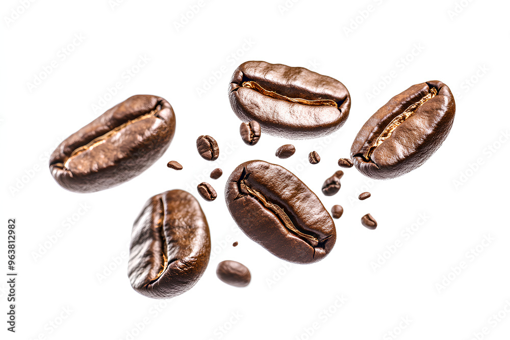 A group of roasted coffee beans are falling against a white background. Some smaller coffee beans are also falling. A group of roasted coffee beans are falling against a white background. Some smaller coffee beans are also falling.