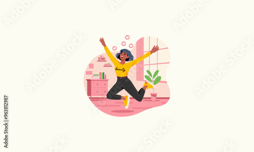 A joyful woman jumping happily in a room with heart symbols.