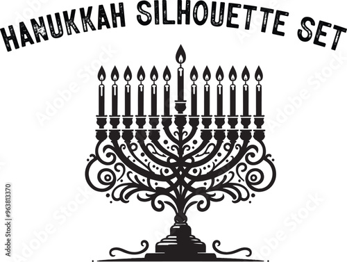 
Menorah Silhouette. Candlesticks silhouette, Hanukkah set. Black and white isolated vector illustration. lack silhouette of chanukiah set hanukkah, hanukkah, menorah and lights ceremony silhouette. 