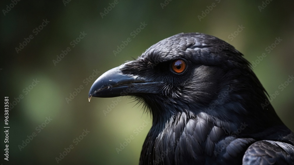 Close-up of a majestic black crow with piercing orange eyes in natural light and with water in its beak Close-up of a majestic black crow with piercing orange eyes in natural light and with water in its beak
