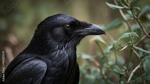 Elegant crow amidst the vegetation, with shiny black plumage and attentive gaze in a natural and serene setting.