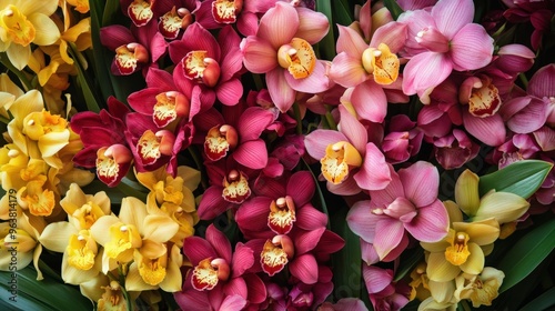 A vibrant display of Cymbidium orchids, with their large blooms in shades of pink and yellow photo