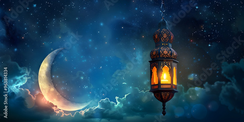 Realistic Ramadan Kareem Background With Mosque And Moon And Beautiful Lantern 