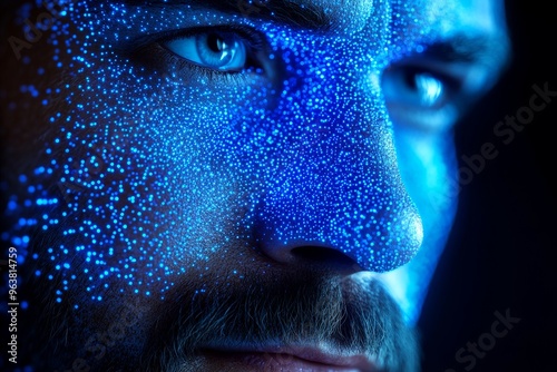 Cognitive architecture neurofilament and electromagnetic resonance close up of a human face covered with blue particles representing data visualization and digital identity in a technological age photo