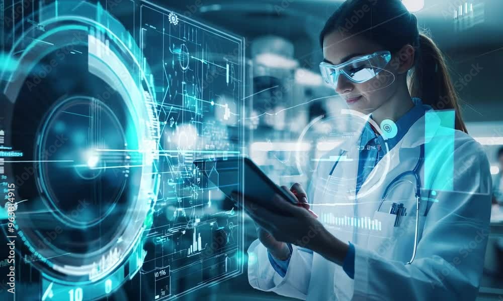 Female Doctor Using Digital Tablet with Futuristic Interface Female Doctor Using Digital Tablet with Futuristic Interface