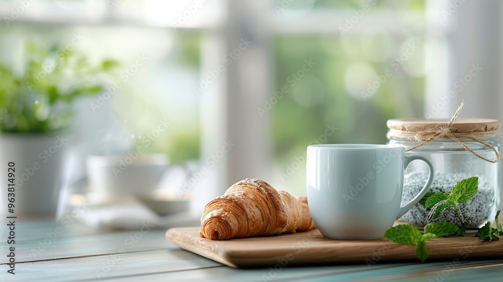 Cozy breakfast scene with a jar of spinach jam, warm croissants, and a cup of herbal tea, evoking a savory and comforting morning ambiance. Cozy breakfast scene with a jar of spinach jam, warm croissants, and a cup of herbal tea, evoking a savory and comforting morning ambiance.