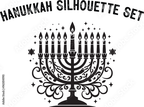 
Menorah Silhouette. Candlesticks silhouette, Hanukkah set. Black and white isolated vector illustration. lack silhouette of chanukiah set hanukkah, hanukkah, menorah and lights ceremony silhouette. 