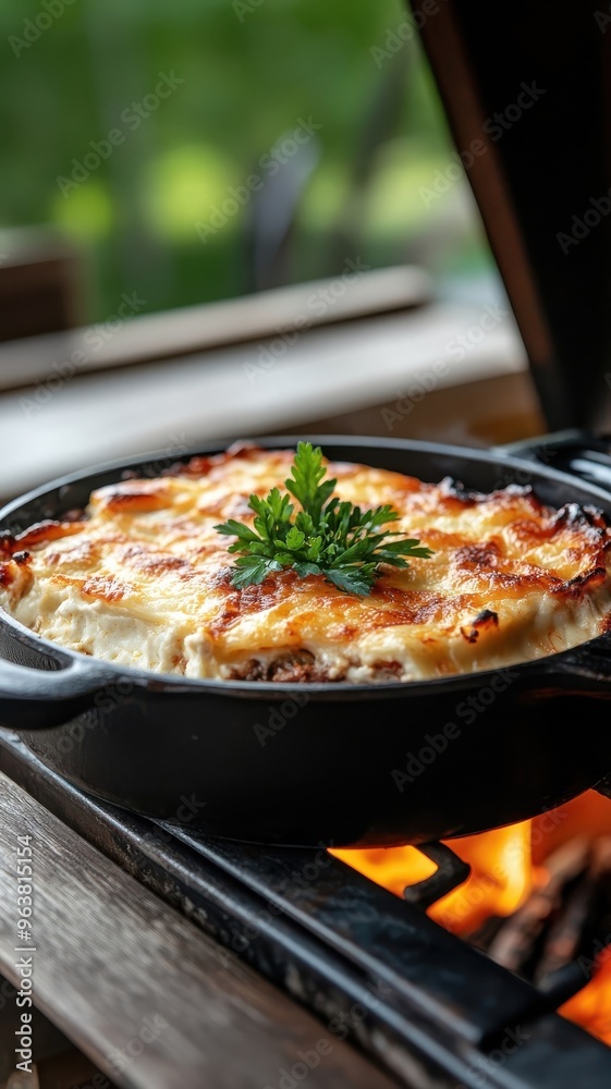 Moussaka being baked with visible flames, showcasing the bubbling and golden top layer. Moussaka being baked with visible flames, showcasing the bubbling and golden top layer.