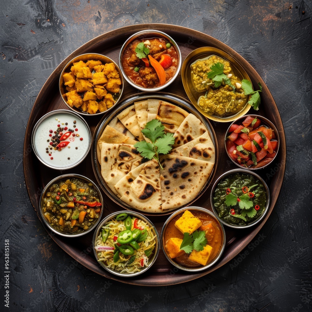Indian Thali on dark background. Traditional food concept. Organic food concept. Dishes and appetisers of indeed cuisine. Top view Indian Thali on dark background. Traditional food concept. Organic food concept. Dishes and appetisers of indeed cuisine. Top view