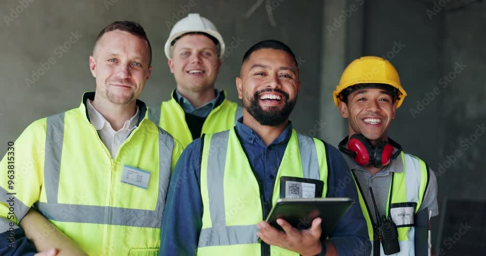 Teamwork, planning and engineering with people and face for construction site, solidarity and building renovation. Collaboration, project management and architecture with portrait for design