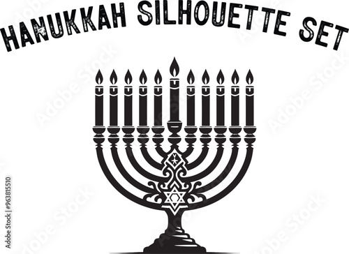 
Menorah Silhouette. Candlesticks silhouette, Hanukkah set. Black and white isolated vector illustration. lack silhouette of chanukiah set hanukkah, hanukkah, menorah and lights ceremony silhouette. 