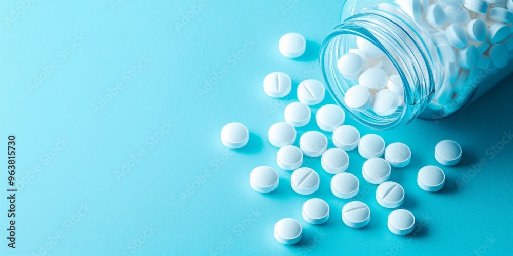 White Pills Spilling from an Open glass Bottle on a Blue Background ,Ideal for Pharmacy or Healthcare Concepts White Pills Spilling from an Open glass Bottle on a Blue Background ,Ideal for Pharmacy or Healthcare Concepts