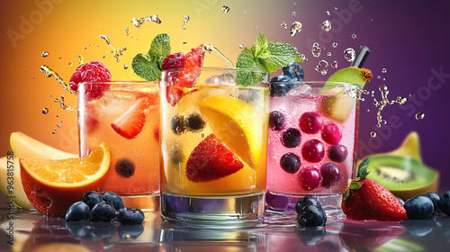 Mix of Fruit Juices and Cocktails with Dynamic Splashes, Vibrant and Refreshing