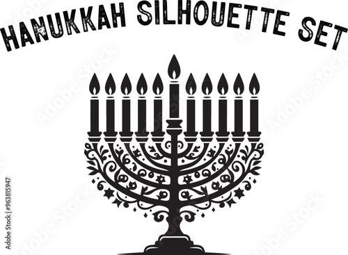 
Menorah Silhouette. Candlesticks silhouette, Hanukkah set. Black and white isolated vector illustration. lack silhouette of chanukiah set hanukkah, hanukkah, menorah and lights ceremony silhouette. 
