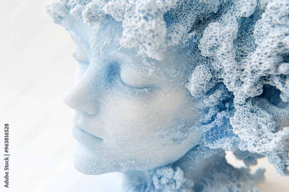 Spike protein interaction spike protein model and neuroanatomy abstract face with frosted textures and icy color tones symbolizing isolation mental clarity and cold detachment Spike protein interaction spike protein model and neuroanatomy abstract face with frosted textures and icy color tones symbolizing isolation mental clarity and cold detachment