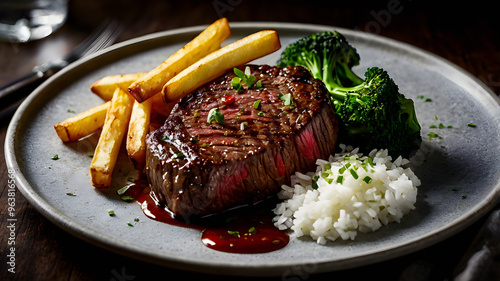 Close up macro of appetizing Angus Picanha steak grilled dished with rice, fries, and brocolis. Perfect for restaurant recipe or ad. photo