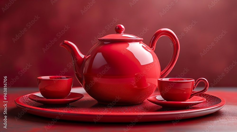 Luxurious red tea set glowing against a textured red background Luxurious red tea set glowing against a textured red background