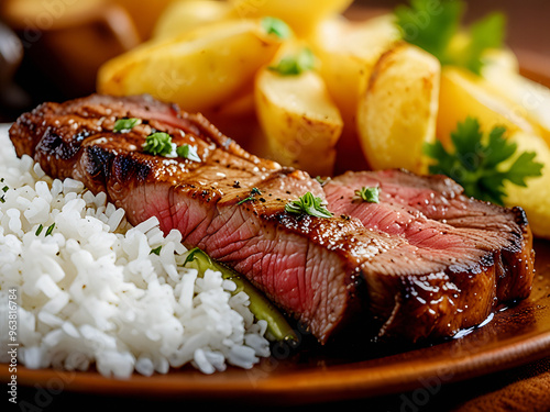 Close up macro of appetizing Angus Picanha steak grilled dished with rice, fries, and brocolis. Perfect for restaurant recipe or ad. photo