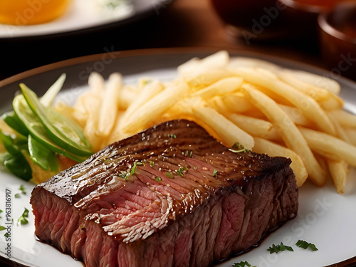 Close up macro of appetizing Angus Picanha steak grilled dished with rice, fries, and brocolis. Perfect for restaurant recipe or ad. photo