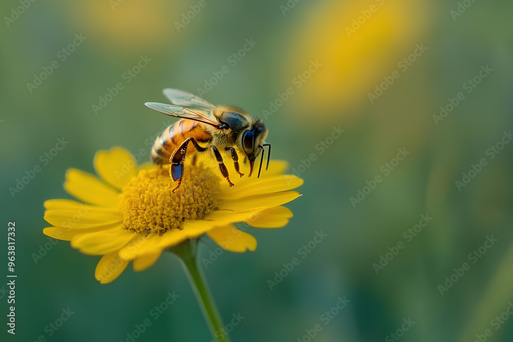 A honeybee gathers pollen from a yellow flower in a field. A honeybee gathers pollen from a yellow flower in a field.