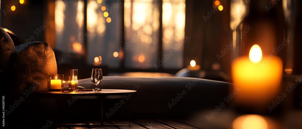 Obraz premium Cozy, intimate setting with candlelight, soft pillows, and wine glasses, evoking warmth and relaxation in a dimly lit environment.