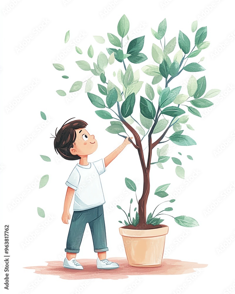 Illustration of a young boy touching the leaves of a potted plant, symbolizing nature, growth, and childhood curiosity. Illustration of a young boy touching the leaves of a potted plant, symbolizing nature, growth, and childhood curiosity.