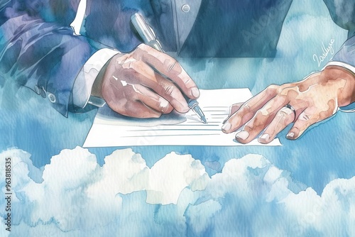 Cloud contract negotiation, digital contract signing, Watercolor style photo