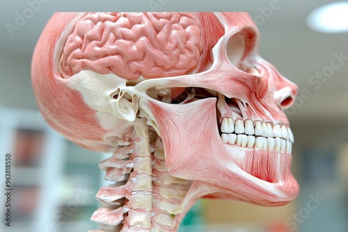 Neuromodulation therapy amyloid plaques and brain implants anatomical side view of a human skull with brain and muscle structure exposed illustrating detailed biological anatomy photo