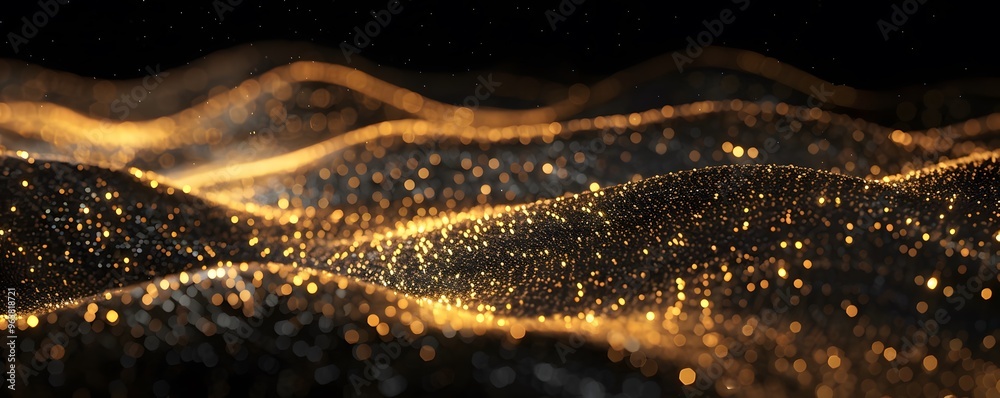 Abstract Golden Glitter Waves on Black Background Abstract Golden Glitter Waves on Black Background