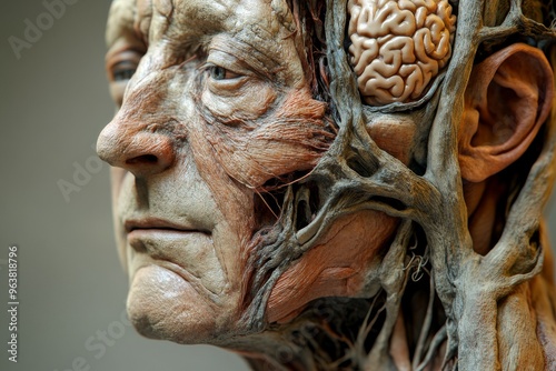 Motor neuron disease brain machine interfaces and extracellular matrix elderly man with muscles and brain exposed representing biological aging cognitive function and human anatomy photo