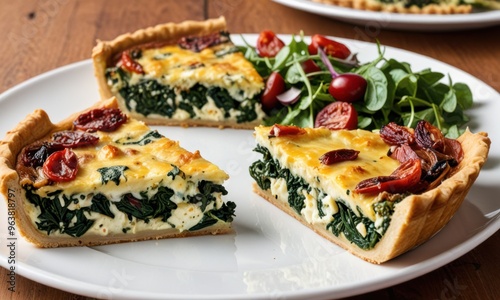 A classic quiche with spinach, feta, and sun-dried tomatoes, served with a side salad.