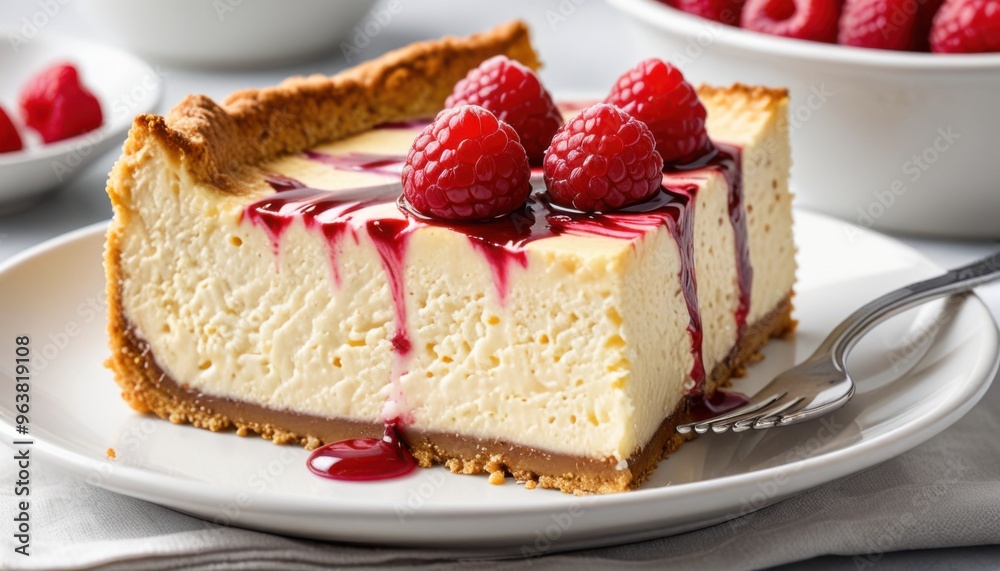 A creamy New York-style cheesecake with a raspberry swirl and graham cracker crust A creamy New York-style cheesecake with a raspberry swirl and graham cracker crust