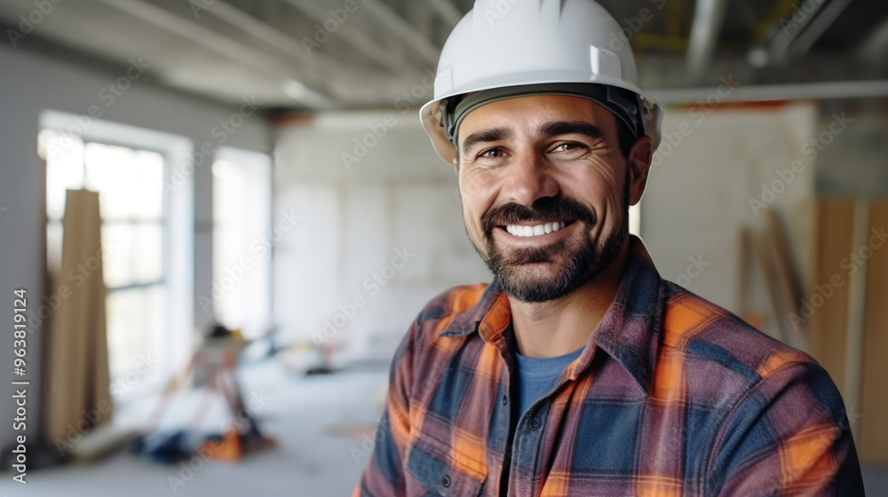 Portrait of a smiling construction worker wearing a helmet in a house under construction. Portrait of a smiling construction worker wearing a helmet in a house under construction.