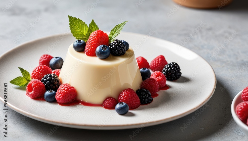 A delicate panna cotta topped with fresh berries and a sprig of mint. A delicate panna cotta topped with fresh berries and a sprig of mint.