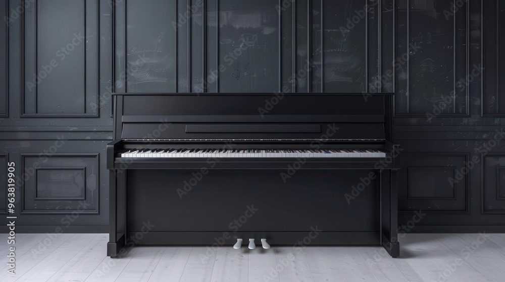 Elegant black upright piano against a dark wall in a modern, minimalistic setting. Ideal for music, interior design, and art concepts. Elegant black upright piano against a dark wall in a modern, minimalistic setting. Ideal for music, interior design, and art concepts.