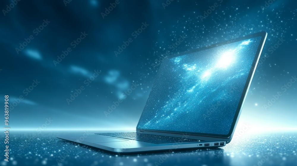 Open Laptop with Digital Galaxy on Screen Open Laptop with Digital Galaxy on Screen