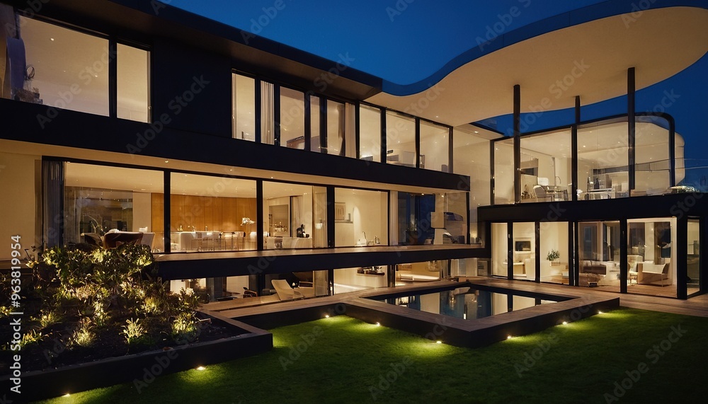 Fototapeta premium 3d render of a luxurious house. Modern house with solar panels and pool at dusk. Night view of a white two-story house with solar panel system. 9