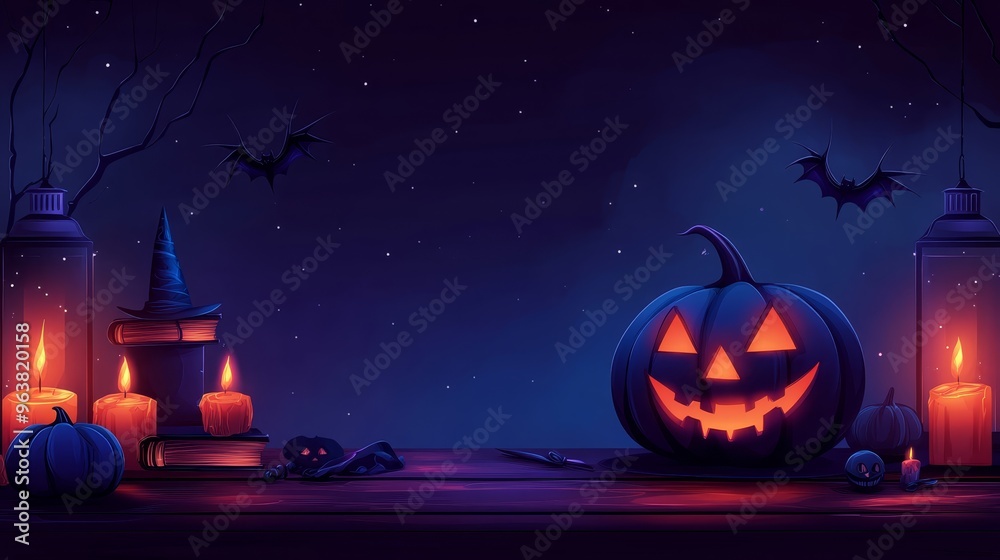 Fototapeta premium Spooky Halloween Night Scene with Pumkin Bats Candles and Witch's Hat