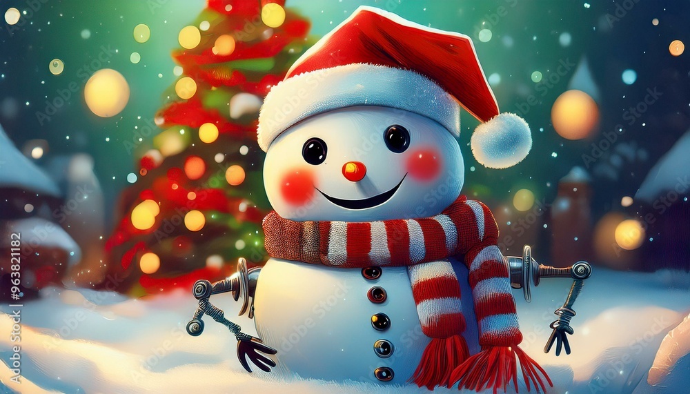 The snowman has a cheerful face with sparkling eyes and a carrot-shaped nose The snowman has a cheerful face with sparkling eyes and a carrot-shaped nose