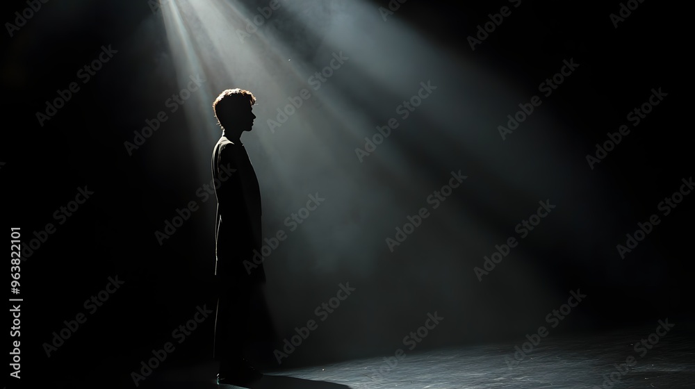 Fototapeta premium 41. A person illuminated by a single spotlight, dramatic expression