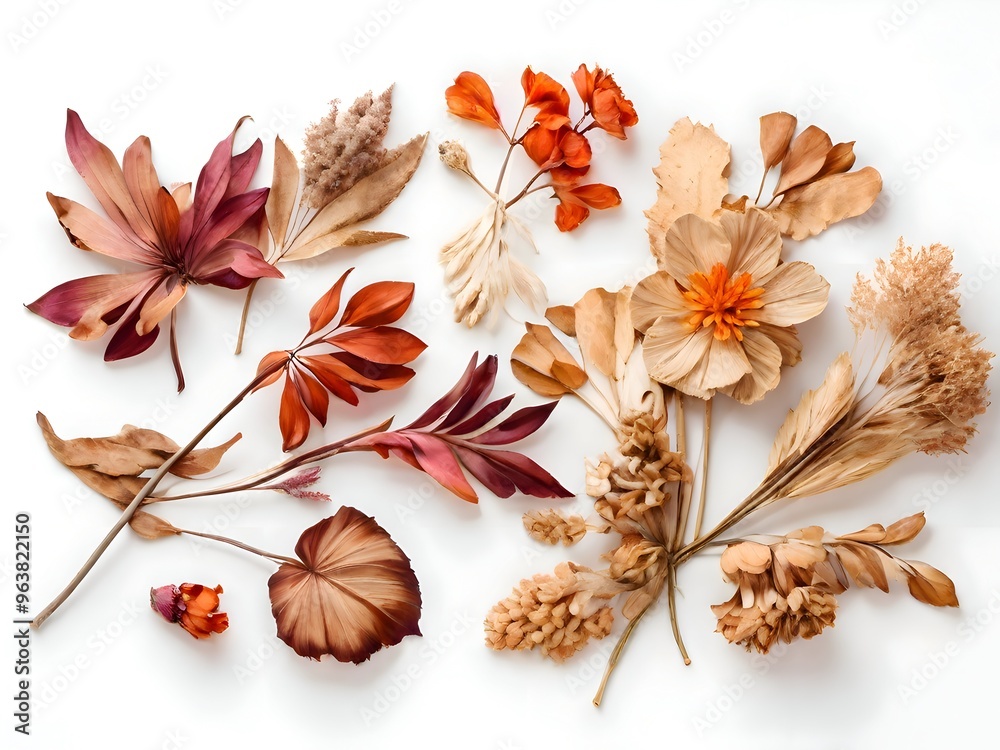 Dried Flowers Leaves Flat Lay Background Dried Flowers Leaves Flat Lay Background