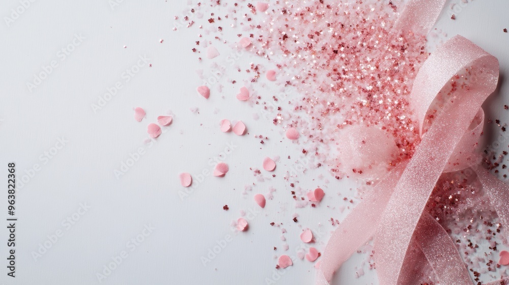 A soft pink ribbon and sparkling glitter are beautifully arranged on a white surface, perfect for crafting and event decorations A soft pink ribbon and sparkling glitter are beautifully arranged on a white surface, perfect for crafting and event decorations